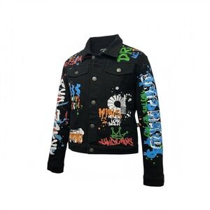 Akademiks Jean‎ Jacket Black Y2K Graffiti Denim Jacket Street Size L 14/16